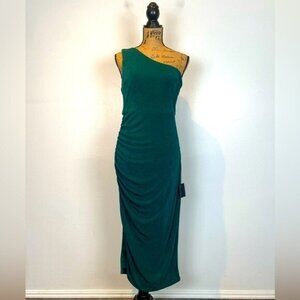 Lulu's Midi Dress One Shoulder Size L Color Green Soft Liquid Knit Ruched NWT